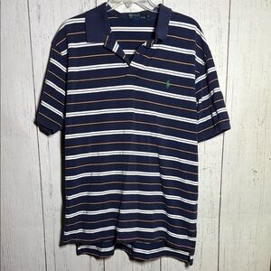 Polo Ralph Lauren Navy Blue Multi Color Stripe Collared Logo Polo Size XL